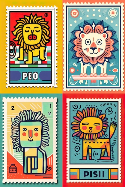 Sello de correos con un intrincado diseño de borde y un lindo león zodiaco