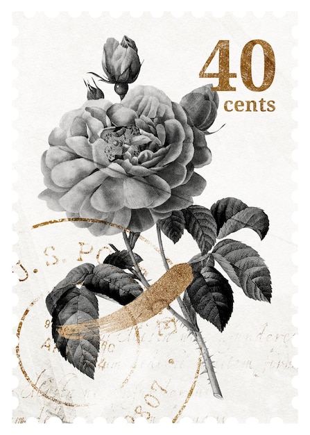 Sello de correos de PNG rosa estética elemento de collage de flores fondo transparente