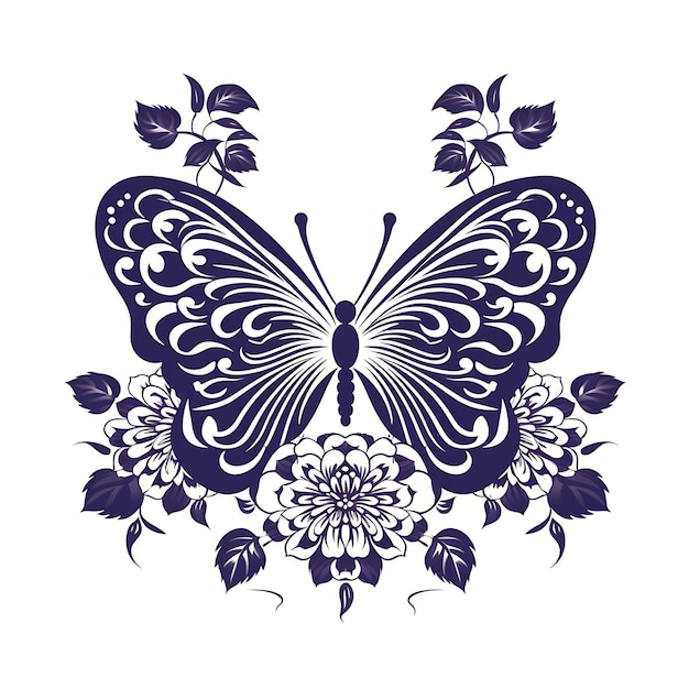 Sello De Dalia Con Mariposa De Color Púrpura Monocromo Decorati Naturaleza Bosquejo Línea Arte Marco Recoger