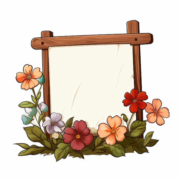 Foto sello delgado con una sola base de madera con flores sin mensaje estilo dibujos animados fondo blanco