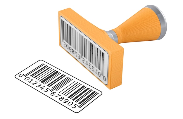Sello de estampado de madera con etiqueta de código de barras en representación 3D