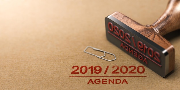 Sello de goma y agenda 2019 2020 impresos sobre fondo de papel kraft. Ilustración 3D.