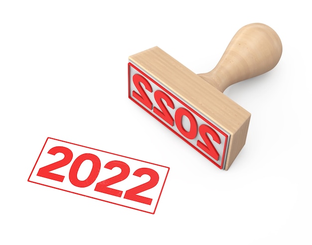 Sello de goma de madera con signo de año nuevo 2022 sobre un fondo blanco. Representación 3D