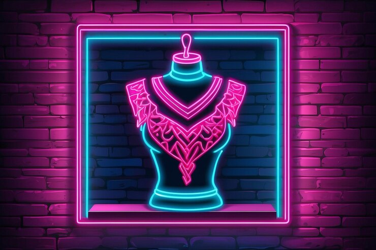Foto sello de neón de collar joya rosa en maniquí en fondo de pared de ladrillo