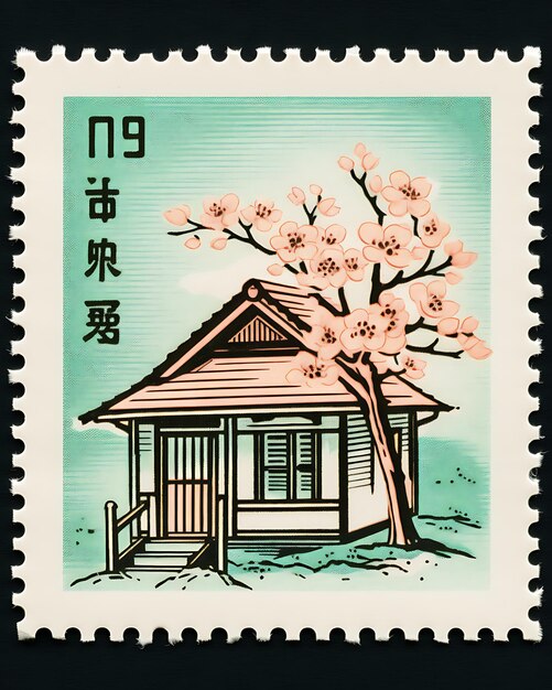 Foto sello de nippon con una cabaña tradicional japonesa