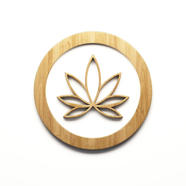 Sello de planta de cannabis en icono de hojas de ineal con curvas de madera aislado sobre fondo blanco 3D Render ilustración