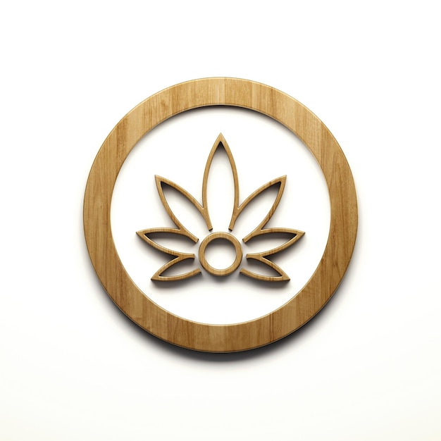 Sello de planta de cannabis en icono de hojas lineales de color madera aislado sobre fondo blanco 3D Render ilustración