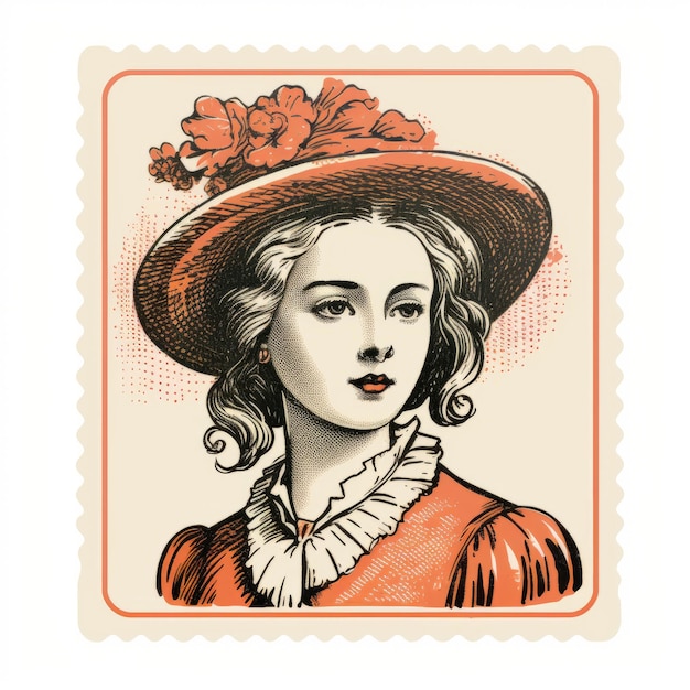 Foto sello vintage de mujer con sombrero rojo ilustración nostálgica con trabajo de línea elegante