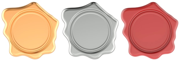 Selos de cera de selo vermelho dourado e prata cor vista frontal renderização 3D