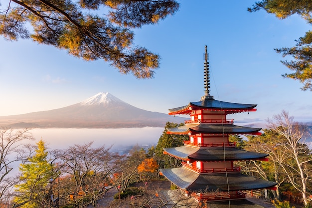 Seltene Szene der Chureito-Pagode und des Fuji mit Morgennebel, Japan im Herbst