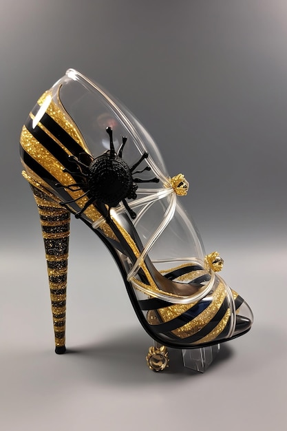 Seltsame High Heels in den Farben Gelb und Schwarz mit Bienenbrosche