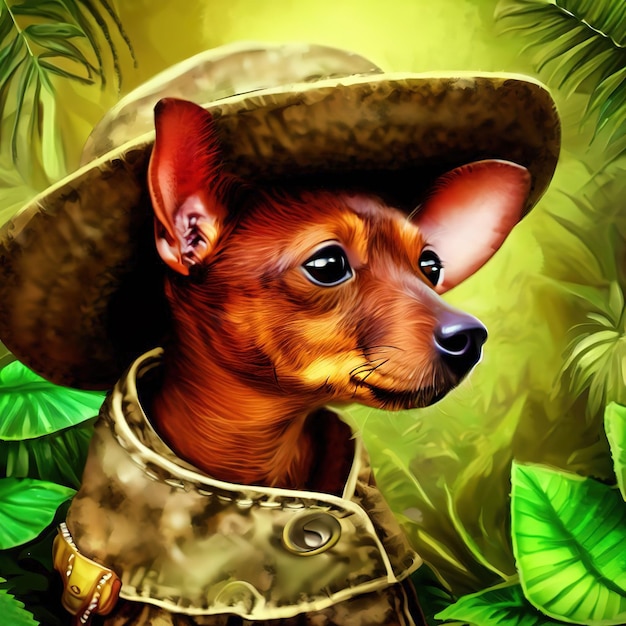 Seltsamer Hund in Jagdkleidung im Dschungel Porträt Ai erzeugte Illustration