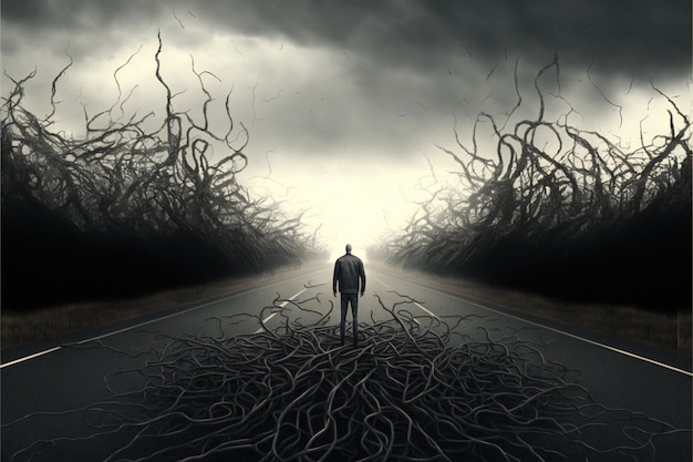 Seltsamer Mann, der auf der Straße steht Der Mann, der auf einer Straße voller böser Bäume steht Der böse Wald sieht beängstigend aus, digitale Kunststil-Illustrationsmalerei