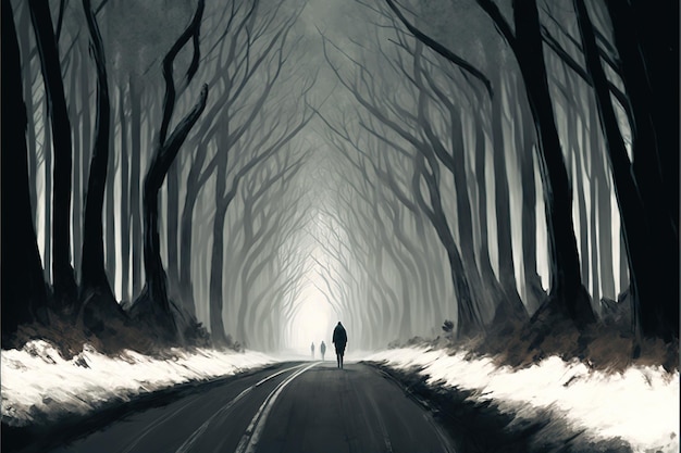 Foto seltsamer mann, der auf der straße steht der mann, der auf einer straße voller böser bäume steht der böse wald sieht beängstigend aus, digitale kunststil-illustrationsmalerei