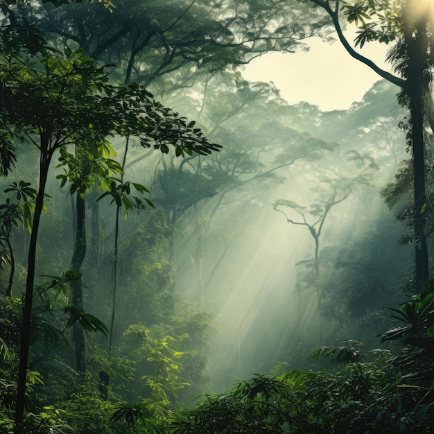 La selva amazónica en la niebla en la luz de la mañana