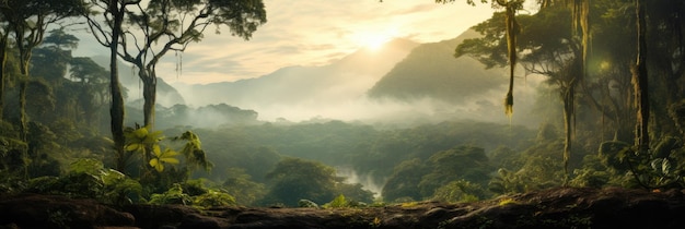 La selva amazónica en la niebla en la luz de la mañana