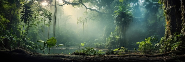 Selva amazónica en niebla a la luz de la mañana