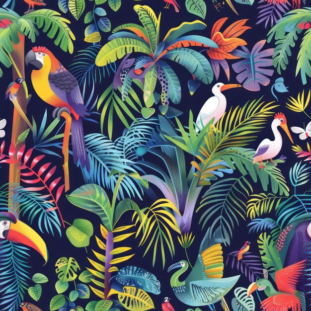 Foto selva con animales de fantasía tropicales en el bosque amazónico palmeras loros patrón de papel tapiz