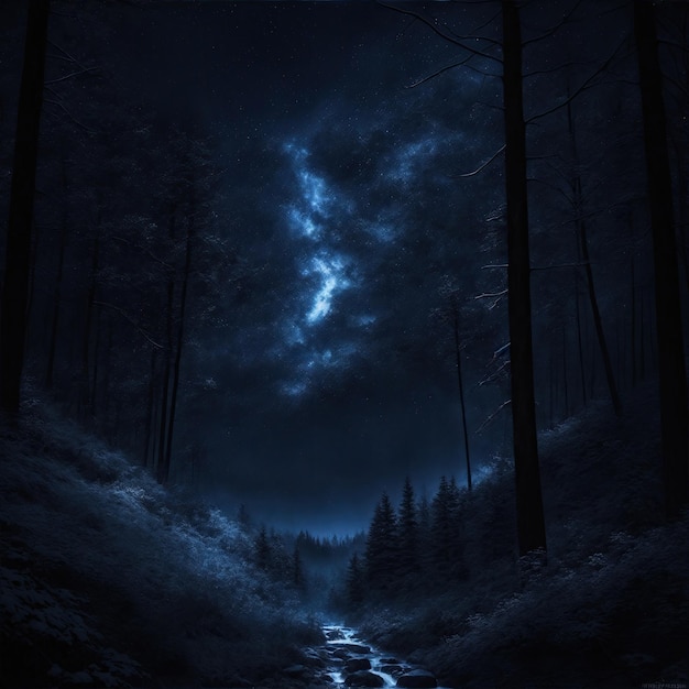 Selva azul y negra por la noche con cielo estrellado