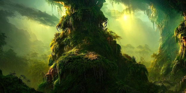 Selva de bosque de neón de fantasía al atardecer Bosque irreal místico Hermoso paisaje de neón Ilustración 3D