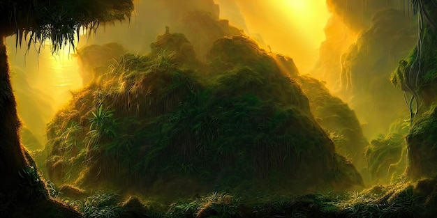 Selva de bosque de neón de fantasía al atardecer Bosque irreal místico Hermoso paisaje de neón Ilustración 3D