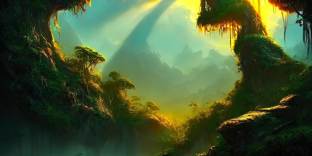 Selva de bosque de neón de fantasía al atardecer Bosque irreal místico Hermoso paisaje de neón Ilustración 3D