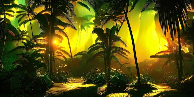 Selva del bosque de neón de palma al atardecer Bosque irreal Hermoso paisaje de fantasía de neón Ilustración 3D