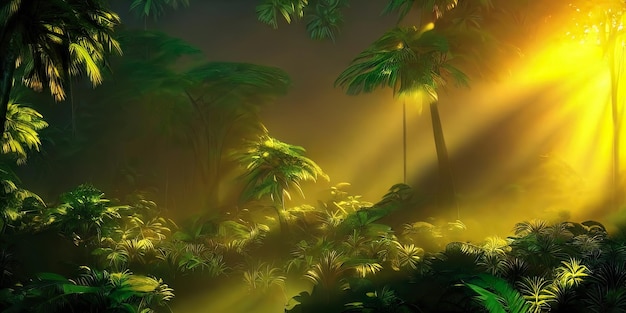 Selva del bosque de neón de palma al atardecer Bosque irreal Hermoso paisaje de fantasía de neón Ilustración 3D