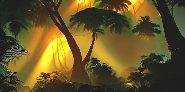 Selva del bosque de neón de palma al atardecer Bosque irreal Hermoso paisaje de fantasía de neón Ilustración 3D
