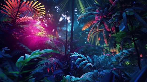 Selva de tendência escura tropical em iluminação neon iluminada Palmeiras e plantas exóticas em estilo retrô