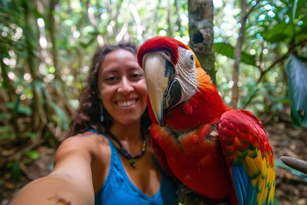 Foto en la selva del delta del orinoco de venezuela una mujer se toma una foto con un loro ia generativa