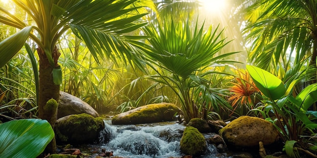 Selva en un día soleado Hermosa ilustración de selva tropical con plantas exóticas palmeras hojas grandes y agua corriente Rayos de sol brillantes Fondo con paisaje natural prístino AI generativo
