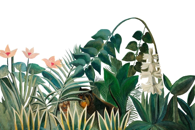 La selva ecuatorial png frontera ilustración botánica vintage de Henri Rousseau en fondo transparente remezclada por rawpixel