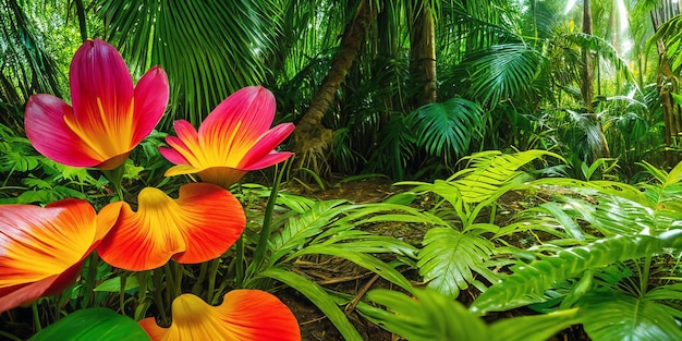 Selva em um dia ensolarado bela ilustração de floresta tropical com plantas exóticas flores palmas grandes folhas e samambaias raios de sol brilhantes fundo com paisagem natural intocada generative ai