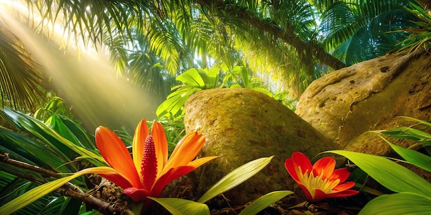 Selva em um dia ensolarado Bela ilustração de floresta tropical com plantas exóticas flores palmas grandes folhas e samambaias Raios de sol brilhantes Fundo com paisagem natural intocada Generative AI