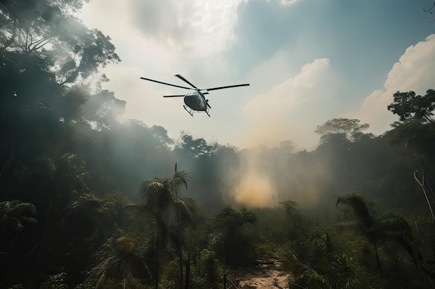 Selva enfumaçada com helicóptero ao fundo voando em direção à câmera