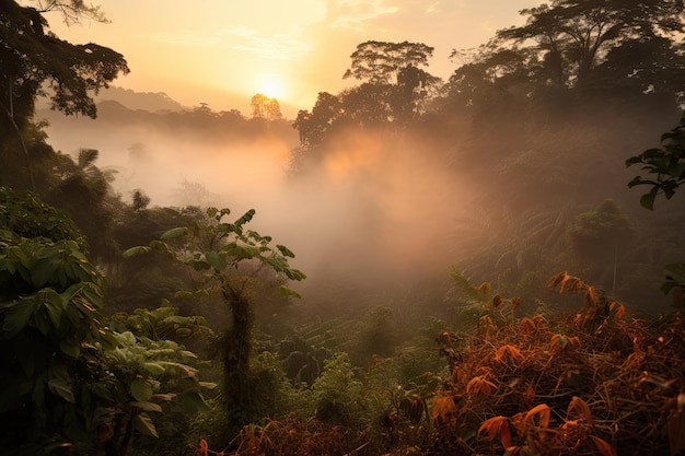 Selva enfumaçada com vista para o nascer do sol sobre as copas das árvores