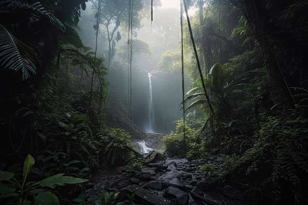 Selva escura da floresta tropical com cachoeira escondida cercada por névoa