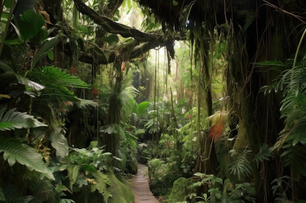 Selva exuberante com árvores imponentes e videiras suspensas criadas com IA generativa