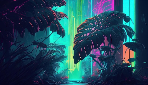 Selva futurista em estilo neon cyberpunk por Generative AI