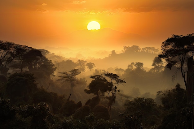 Selva humeante con vistas a la puesta de sol sobre el horizonte creando una escena cálida y pacífica