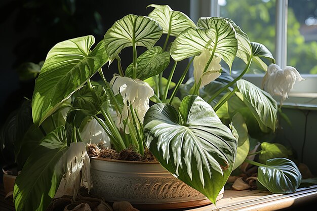 Foto la selva interior iluminada por el sol alocasia macrorrhizos a la luz de la mañana