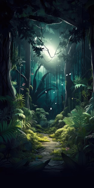 Selva misteriosa y encantadora en la noche