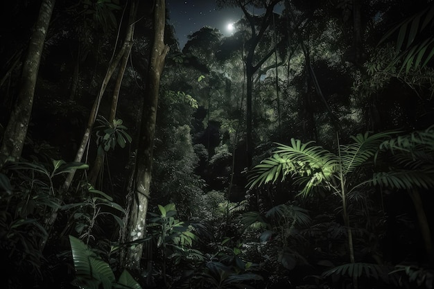 Selva oscura en la noche con solo las estrellas y la luna brillando a través del dosel