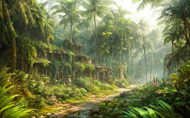 Selva pré-histórica verde com vegetação exuberante e casa