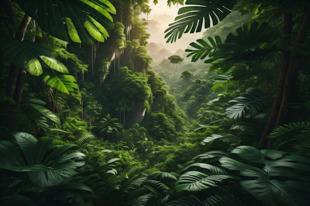 Selva profunda verde con árboles y plantas Fondo de pantalla con Ai generativo