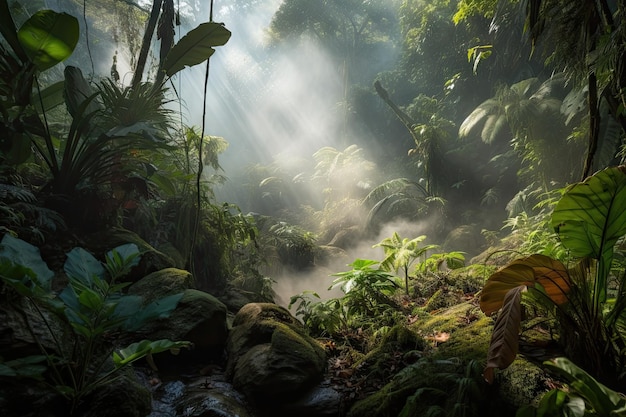 Selva quente e úmida com vapor subindo do solo criado com ai generativo