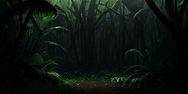Selva salvaje en la noche Matorral aterrador de la selva tropical Bosque tropical oscuro con plantas exóticas palmeras grandes hojas y helechos Vegetación verde iluminada por la luz de la luna IA generativa