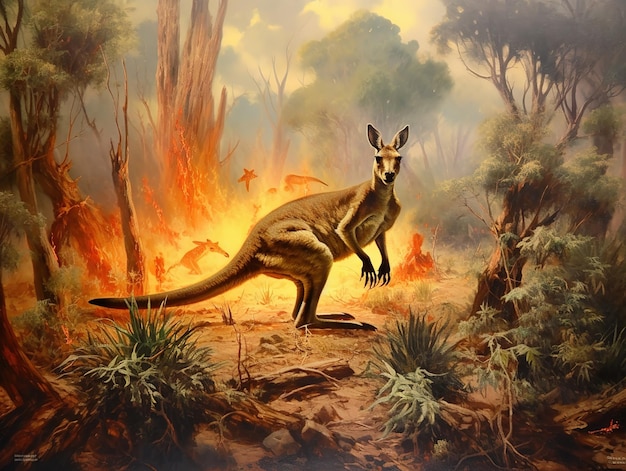 Selva tropical de Australia en llamas cambio climático canguro corriendo sobre arbustos