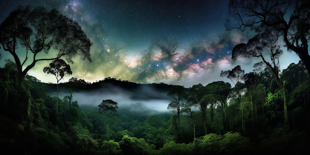 Selva tropical bajo el cielo nocturno de una nebulosa que ilustra el impresionante contraste de la belleza de la Tierra